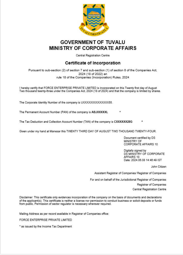 Tuvalu business registration certificate Word and PDF template